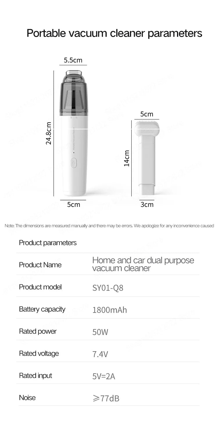 Portable Handheld Vacuum Cleaner – Wireless Charging, Metal Filter, 50W, Car & Home