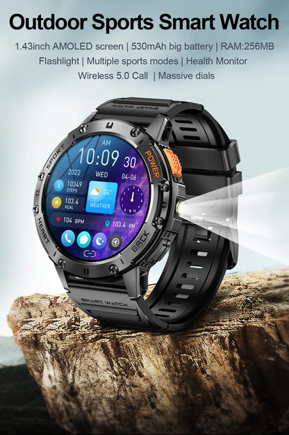 AMOLED Smart Watch for Men – Flashlight, Sports, Waterproof, Bluetooth Call + Box
