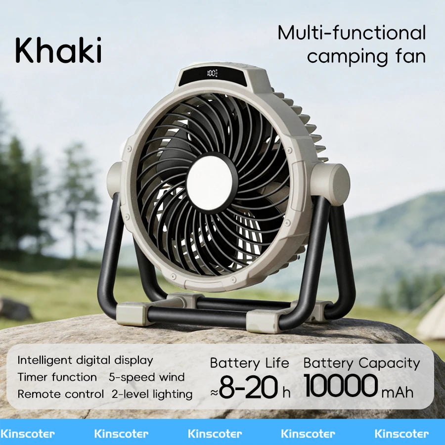Portable 6-in-1 Outdoor Camping Fan | 10000mAh | 5 Speeds | LED Light | Hook & Remote | Rechargeable