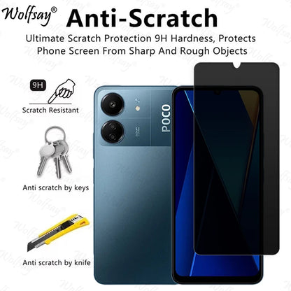 Xiaomi Poco C65 anti-spy privacy tempered glass screen protector showing a clear phone screen with privacy shield feature