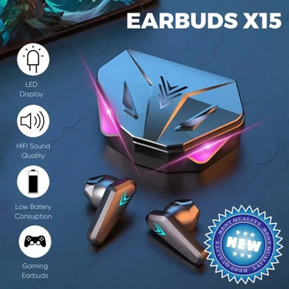 R.E.D. Shopping TWS wireless Bluetooth gaming earbuds with LED display, microphone, noise canceling, and sleek earphone design.