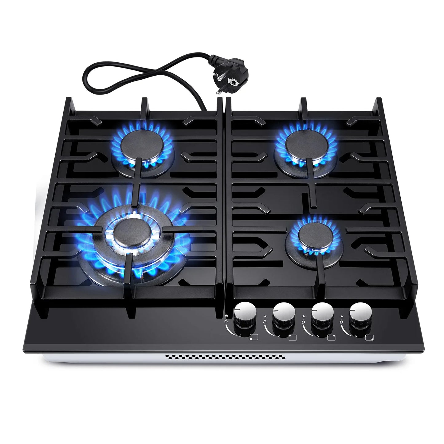 Black 60cm built-in gas hob with 4 burners, cast iron grates, flame failure protection, and black glass surface.