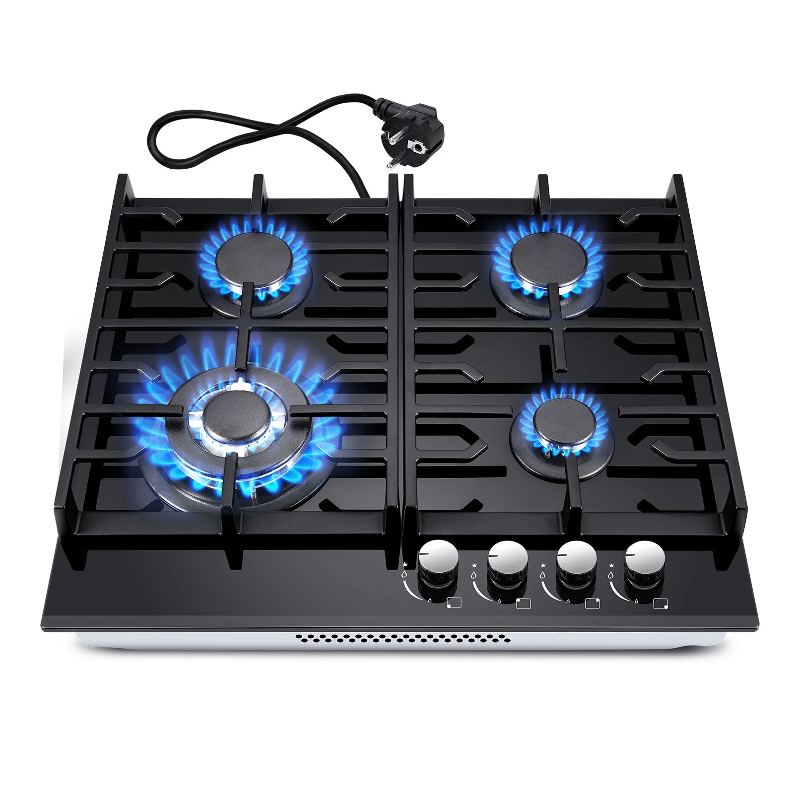 Black 60cm built-in gas hob with 4 burners, cast iron grates, flame failure protection, and black glass surface.