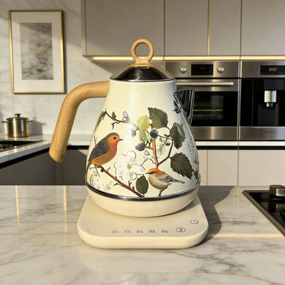 Retro Decal Electric Kettle – 1.7L, 304 Stainless Steel, Temperature Control, Wood Grain Handle