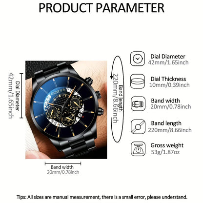 Men's Quartz Watch Set – 3-Piece Stainless Steel Strap, Circular Dial, Date Function