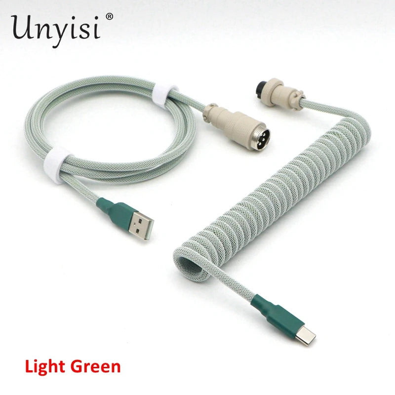 Handmade paracord and PET coiled USB-A to USB-C cable with GX16 aviator connector for mechanical keyboards, featuring vibrant cable design.