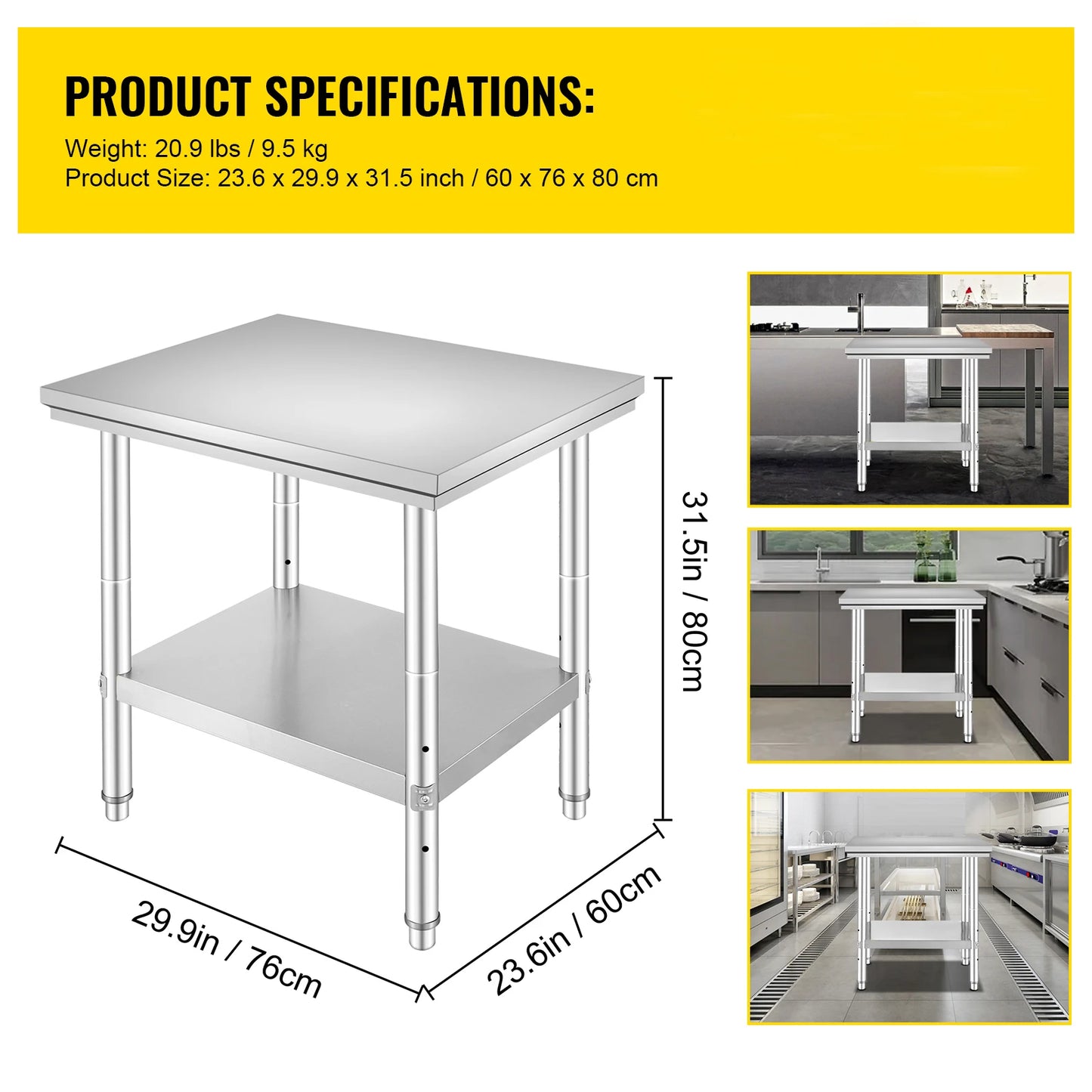 SucceBuy Stainless Steel Kitchen Work Bench – Commercial Catering Worktable with Undershelf | 286–330 LBS | Restaurant & Garage