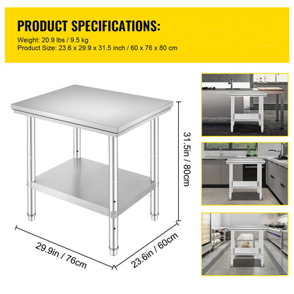 SucceBuy Stainless Steel Kitchen Work Bench – Commercial Catering Worktable with Undershelf | 286–330 LBS | Restaurant & Garage