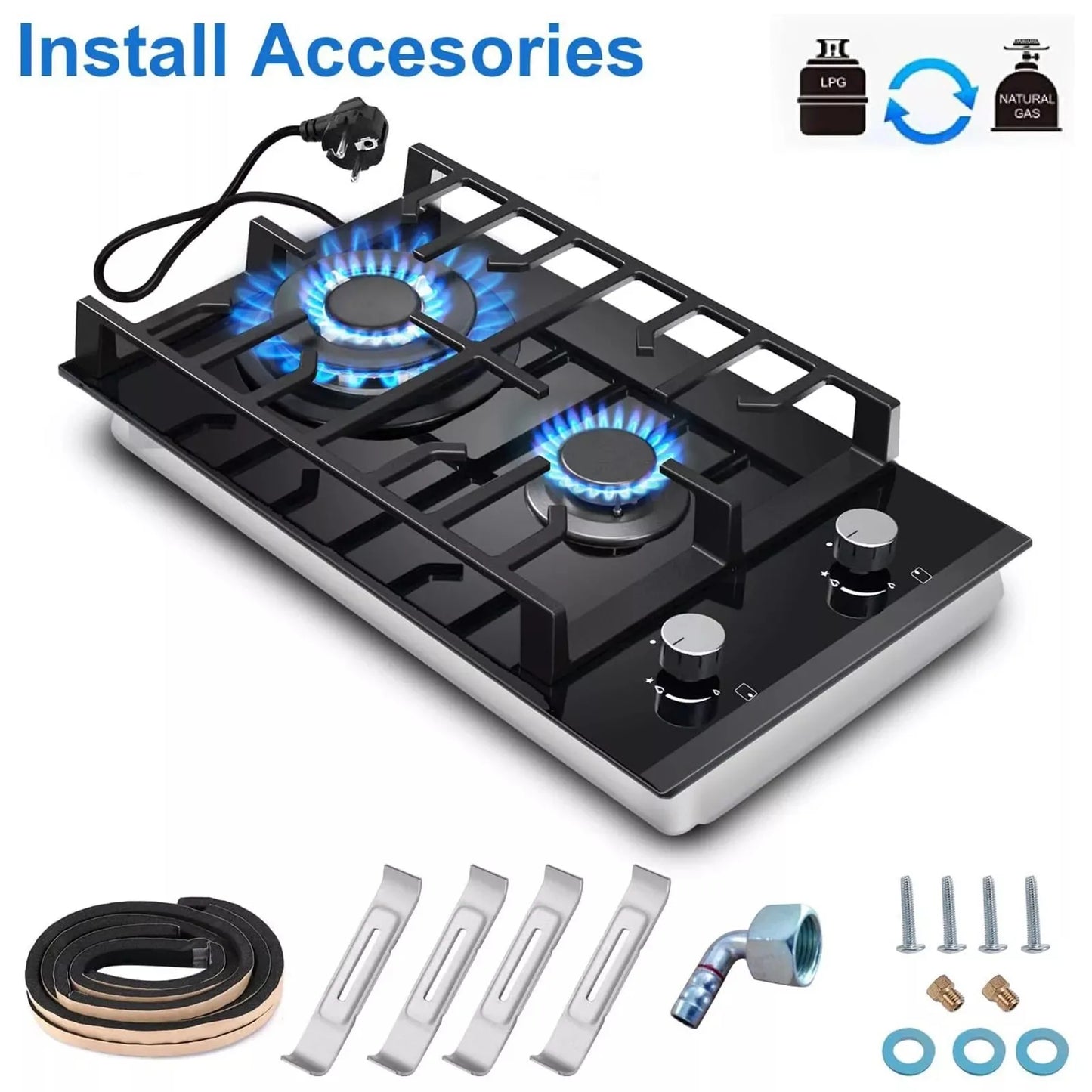 TopStrong 2-Burner Built-In Gas Hob 30cm – Tempered Glass, NG/LPG Dual Fuel (UKGCT-B02)