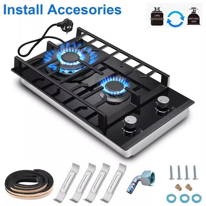 TopStrong 2-Burner Built-In Gas Hob 30cm – Tempered Glass, NG/LPG Dual Fuel (UKGCT-B02)