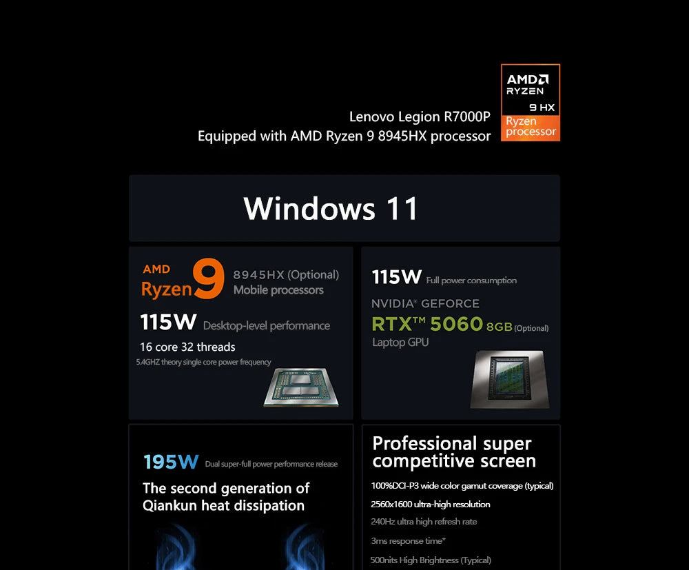 Lenovo Legion R7000P 2025 Gaming Laptop — Ryzen 9 8940HX/8945HX, RTX 5060/5070 8G, 16" 2.5K 240Hz