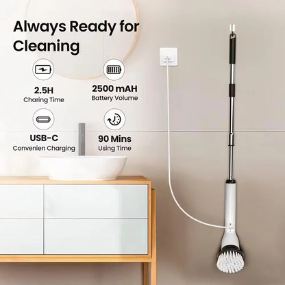 DIAMRI 9-in-1 USB Rechargeable Electric Cleaning Brush – Telescopic Handle, 8 Brush Heads, for Home & Car