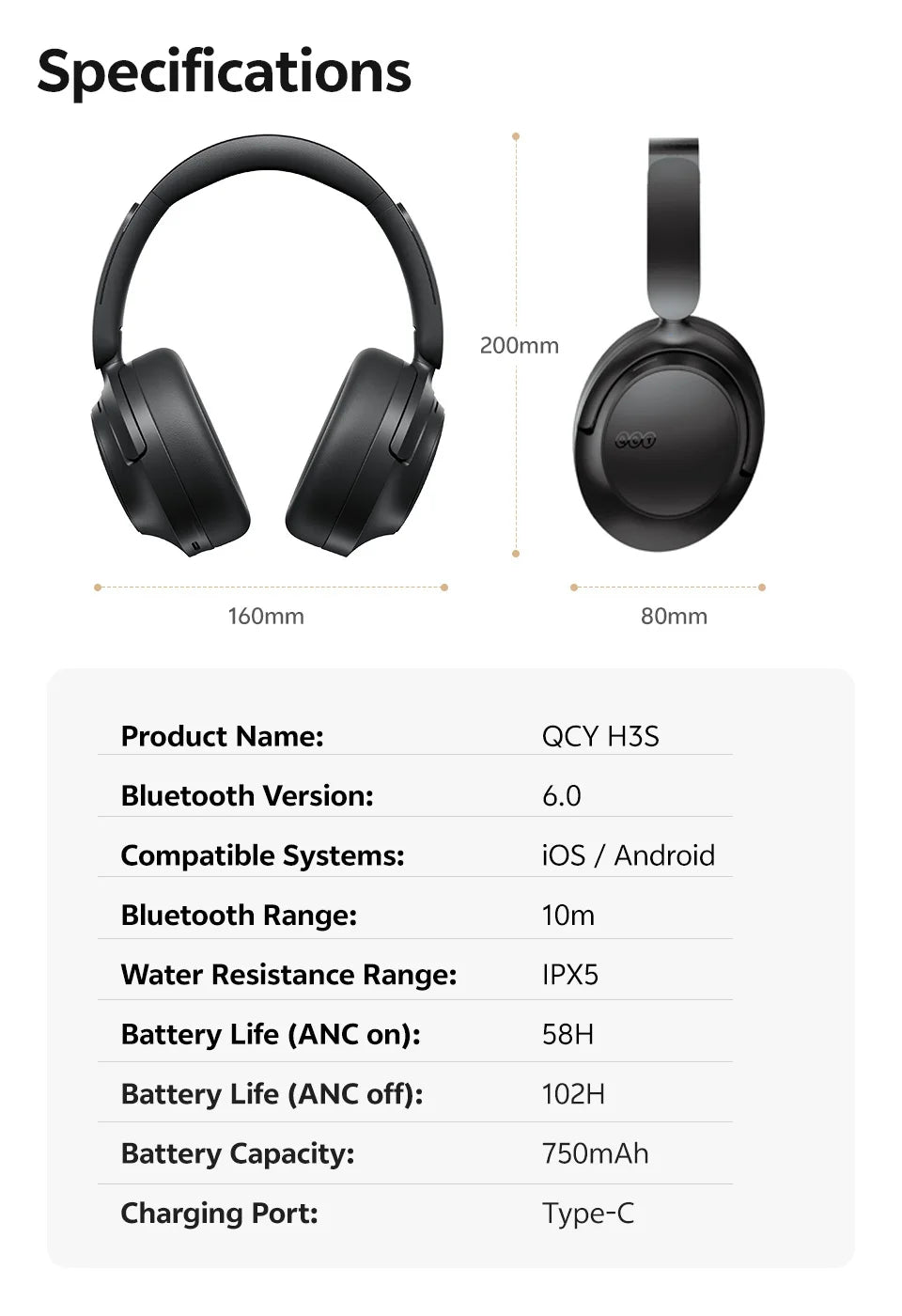 QCY H3S ANC Over-Ear Headphones – -56dB, LDAC, Dual Driver, Bluetooth 6.0, 102Hrs