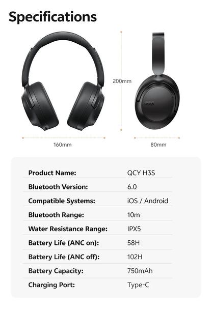 QCY H3S ANC Over-Ear Headphones – -56dB, LDAC, Dual Driver, Bluetooth 6.0, 102Hrs
