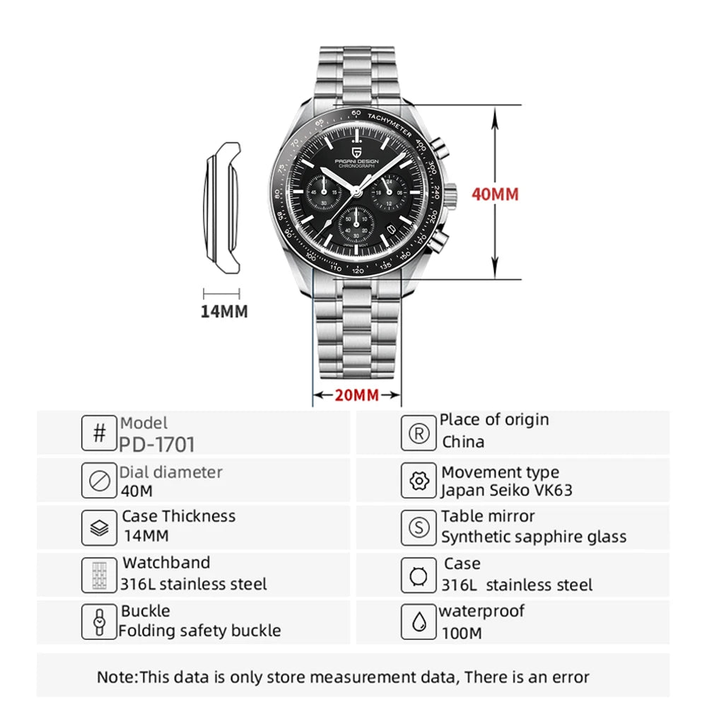 PAGANI DESIGN V5 Moon Men's Watch – Luxury Quartz Chronograph, Waterproof, Stainless Steel, 2026
