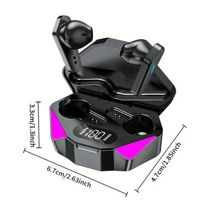 Wireless Bluetooth TWS gaming earbuds with LED display, built-in mic, noise cancelling, and compact headphone design.