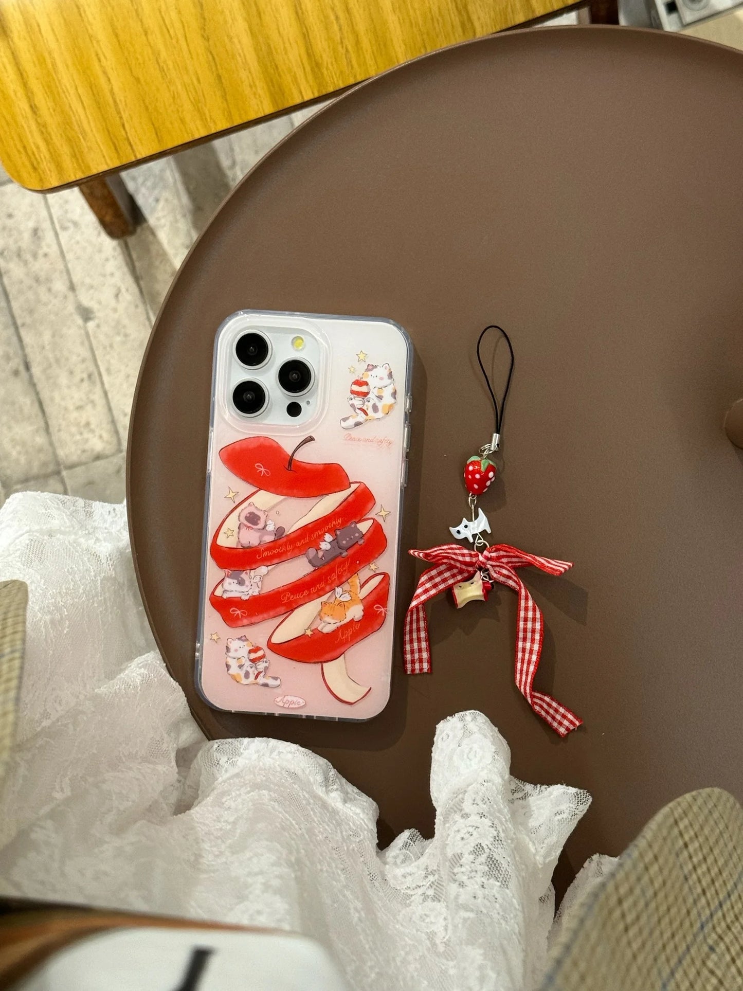 Korean Ins Sliced Apple Dual-Layer Case for iPhone 16/15/14/13/12/11 Pro Max – Cute Dangle Cover