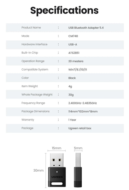 UGREEN USB Bluetooth 5.4 / 6.0 Adapter | Dongle for PC | Keyboard, Mouse & Speaker Support | Model 45134