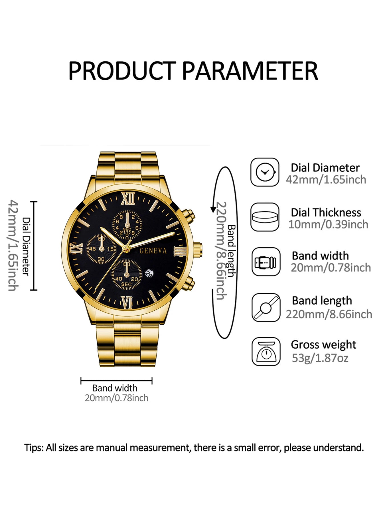 Gold men's watch, necklace, bracelet, and ring in R.E.D. Shopping 4-piece jewelry gift set, featuring Roman quartz watch and accessories.