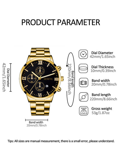 Gold men's watch, necklace, bracelet, and ring in R.E.D. Shopping 4-piece jewelry gift set, featuring Roman quartz watch and accessories.