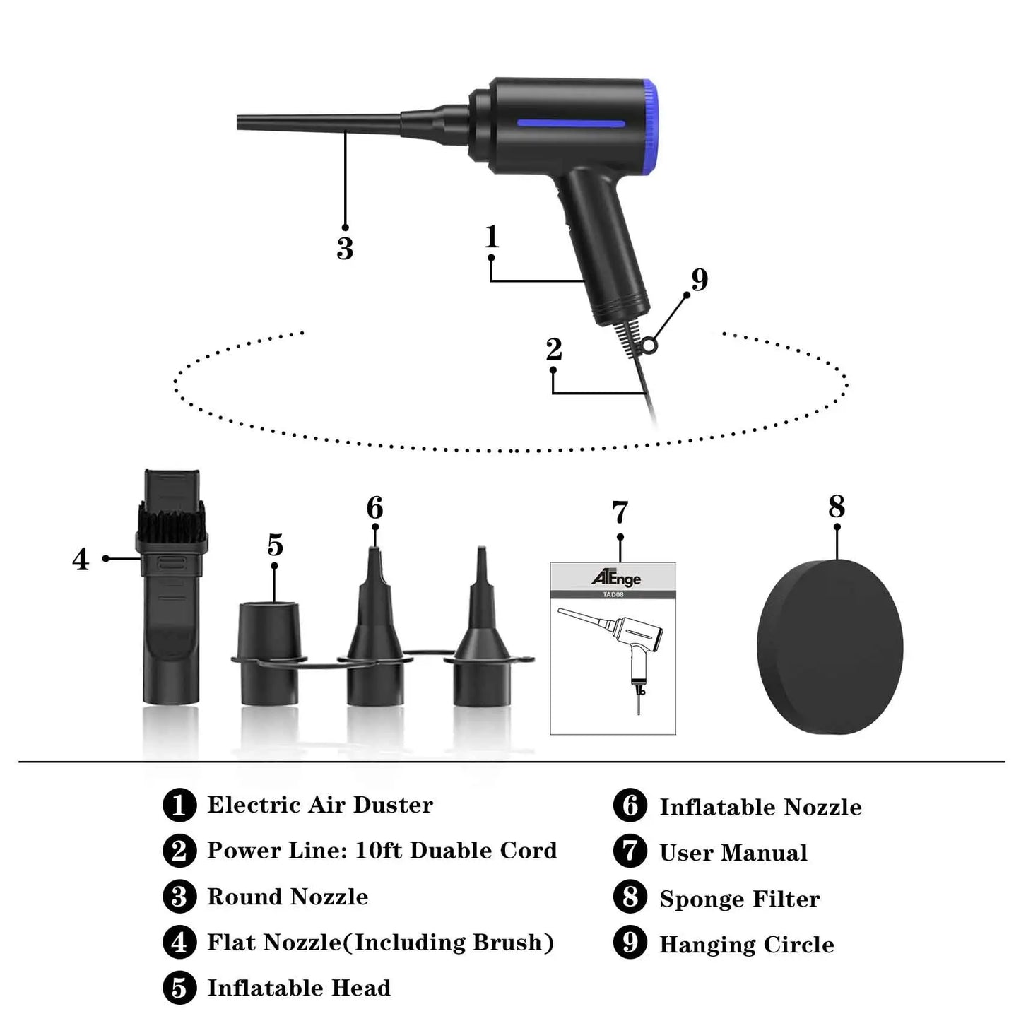 ATENGO TD08 500W Electric Air Duster – Cordless Handheld Blower & Vacuum for PC, Car, Desk