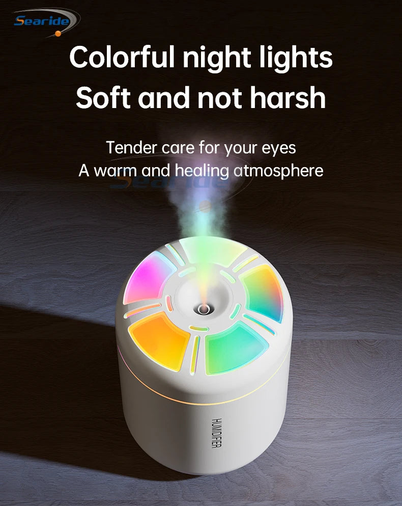 Searide Mini USB Humidifier – 180ml Ultrasonic Aroma Diffuser, Color LED, Touch Control, for Car, Home & Bedroom