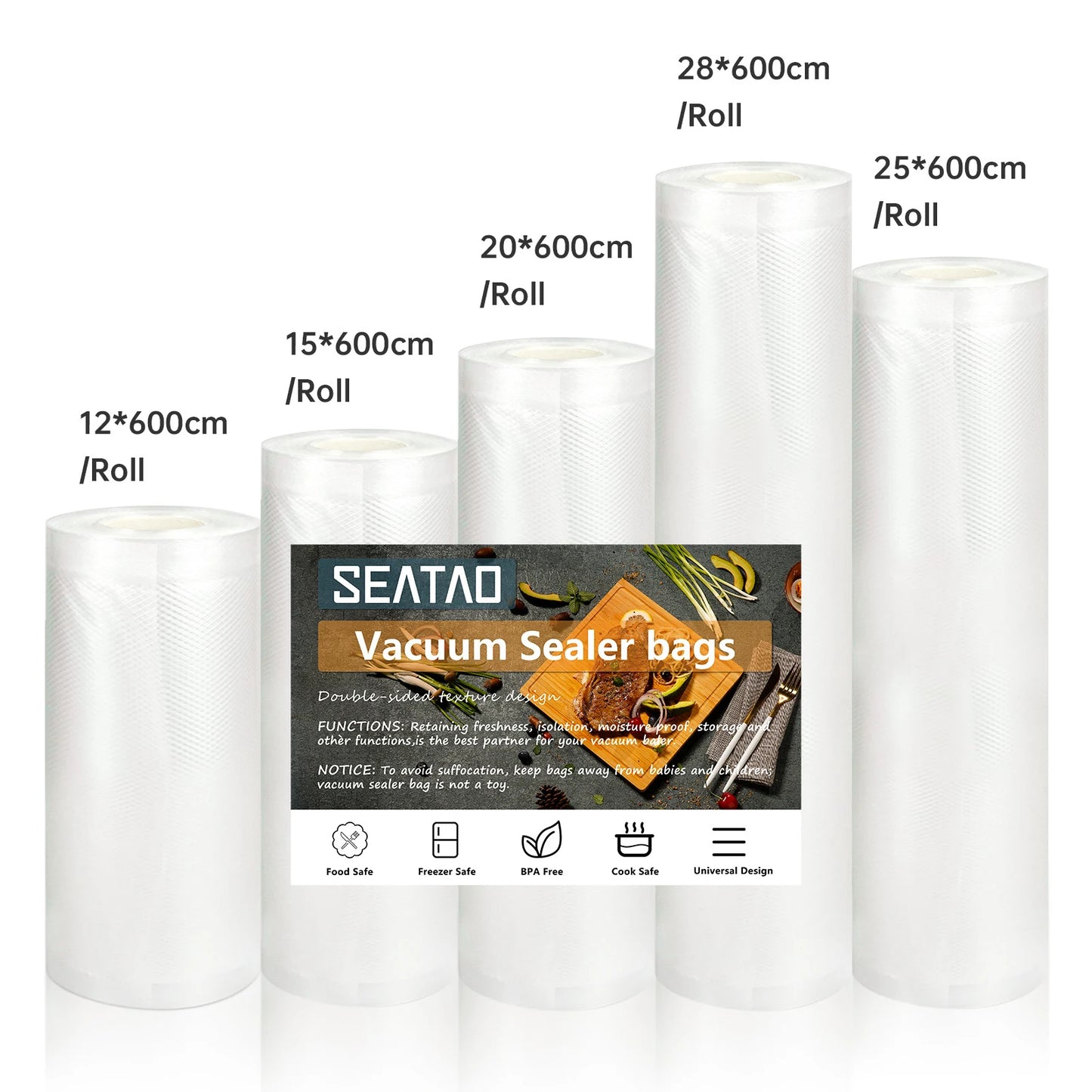 SEATAO vacuum food storage bags in various sizes for vacuum sealing and freshness, compatible with home vacuum sealers.