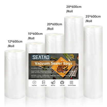 SEATAO vacuum food storage bags in various sizes for vacuum sealing and freshness, compatible with home vacuum sealers.