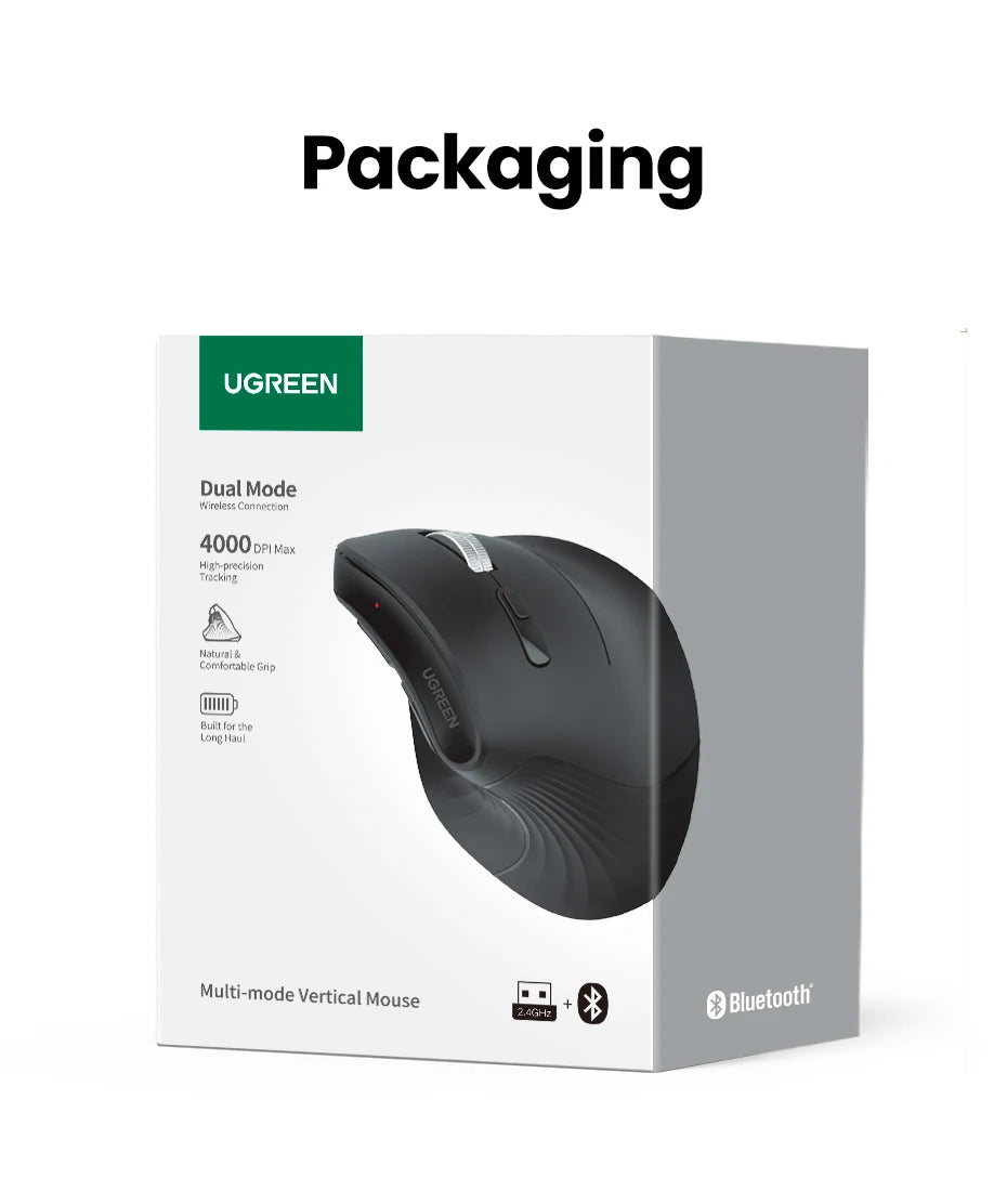 UGREEN Vertical Ergonomic Mouse – Bluetooth 5.0 & 2.4G Wireless, 4000DPI, 6 Silent Buttons, for Mac & PC