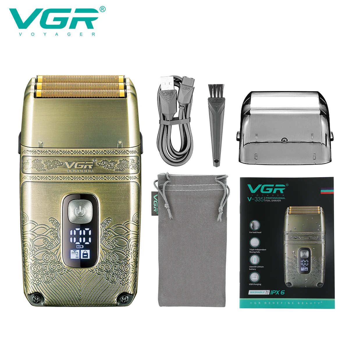VGR V-335 Professional Foil Shaver – Triple Titanium Blade, LED, IPX6, 80min, USB