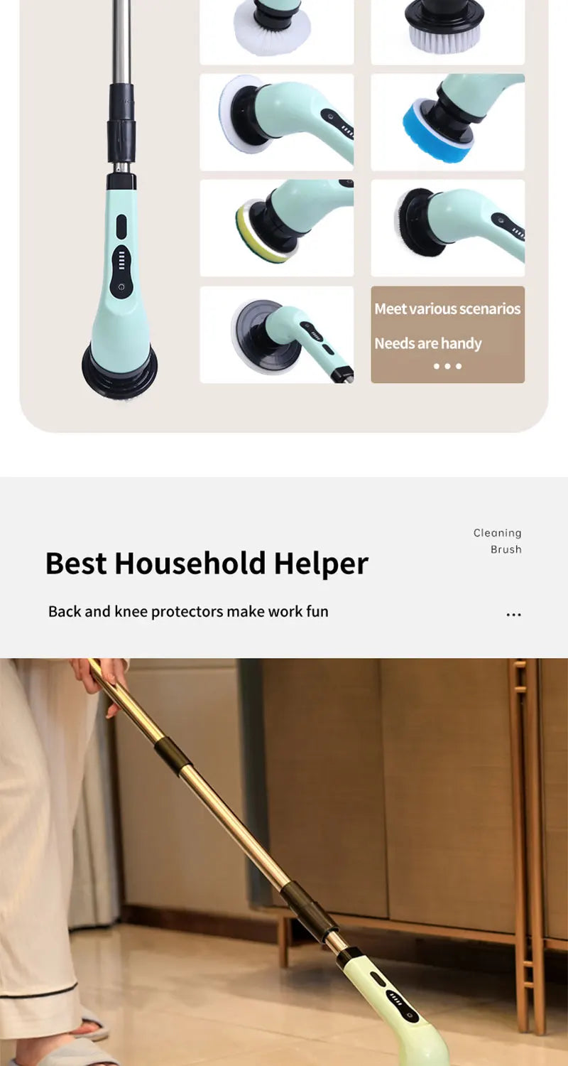R.E.D. Shopping cordless electric spin scrubber with 9-in-1 multipurpose cleaning brush and LED light, used for household cleaning tasks.
