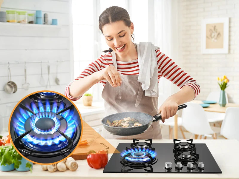 TopStrong 60cm 4-Burner Built-In Gas Hob – Black Tempered Glass, 8060W Dual Fuel
