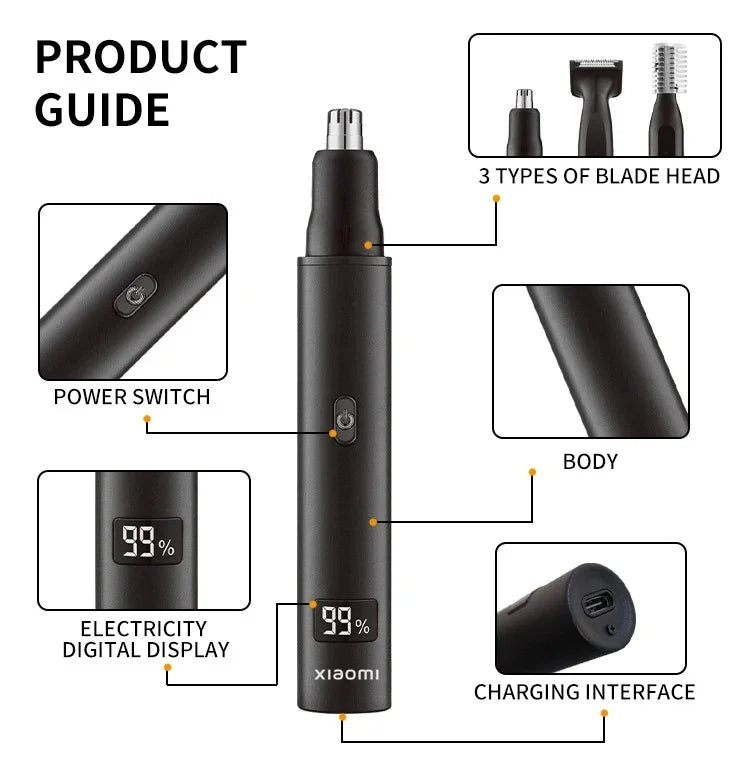 Xiaomi 3-in-1 Electric Nose & Ear Hair Trimmer – Painless, USB Rechargeable