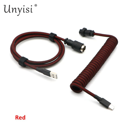 Handmade paracord and PET coiled USB-A to USB-C cable with GX16 aviator connector for mechanical keyboards, featuring detailed braiding.