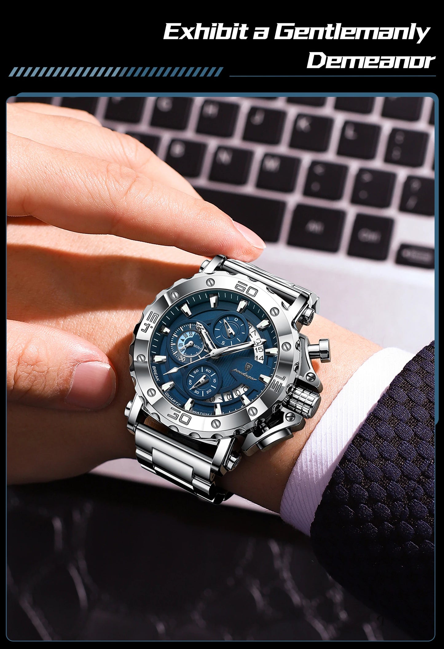 POEDAGAR Men's Luxury Chronograph Watch – Calendar, Luminous, Waterproof, Stainless Steel Quartz