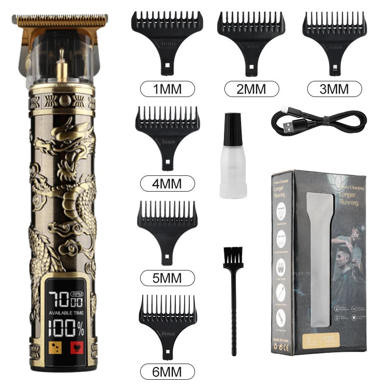 R.E.D. Shopping T9 LCD electric hair clipper with oil head, precision trimmer for men, showing stainless steel blades and digital display