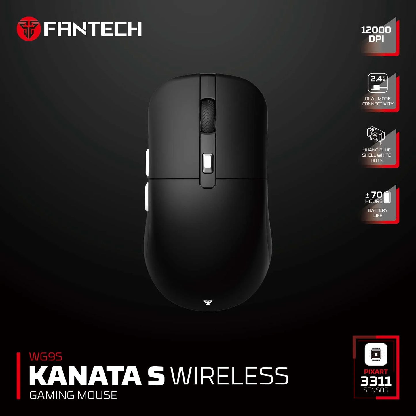 Wireless gaming mouse FANTECH KANATAS WG9S with PIXART 3311 sensor, 12000 DPI, macro buttons, black design for computer gaming.