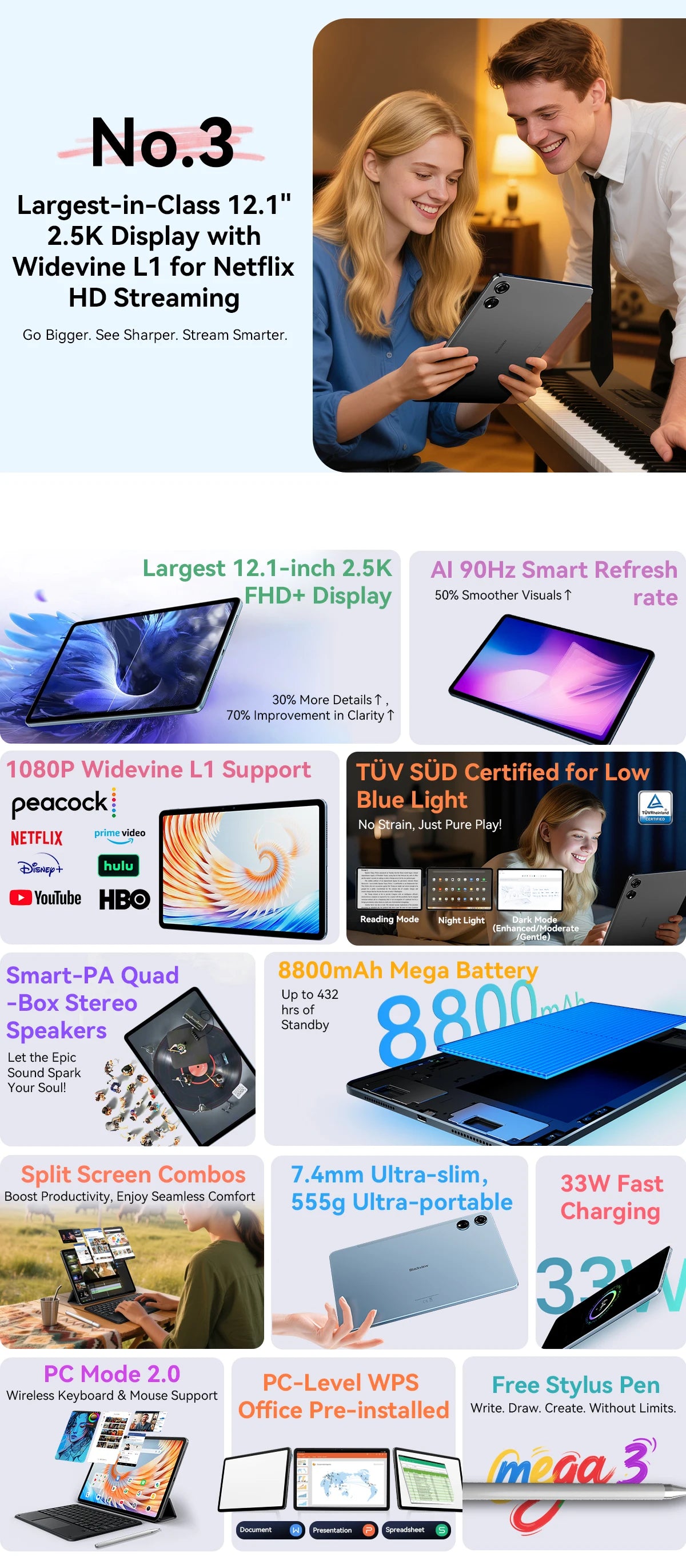 Blackview MEGA 3 Tablet – 12.1" 2.5K 90Hz, 8800mAh, 12GB RAM, 50MP Camera, Android 15