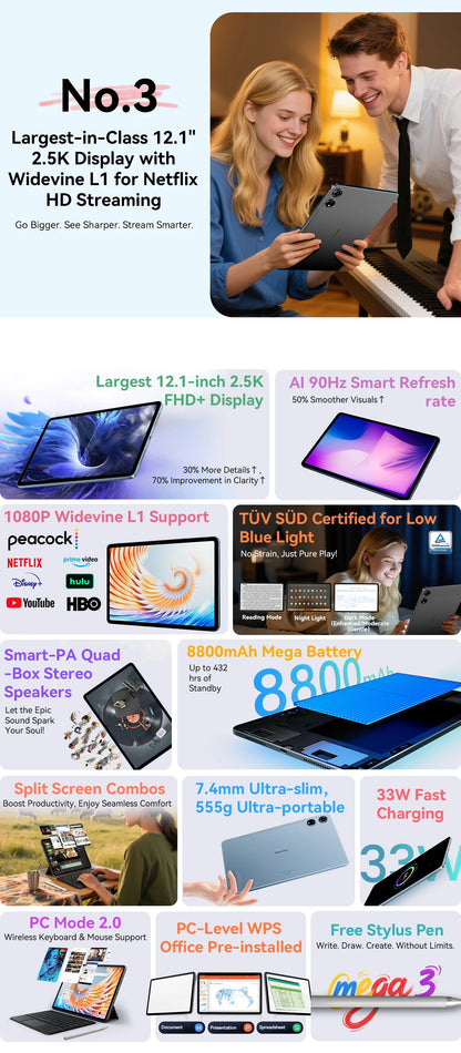 Blackview MEGA 3 Tablet | 12.1" 2.5K 90Hz | Android 15 | 12GB+256GB | 8800mAh 33W | 50MP | 4G