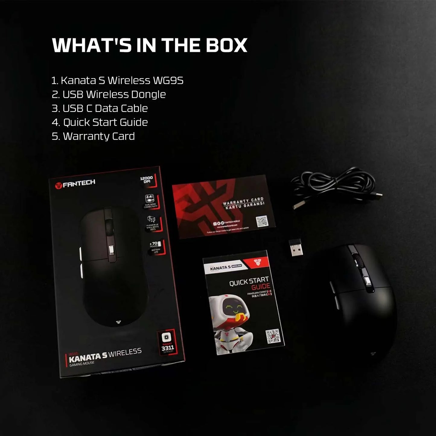 FANTECH Kanatas WG9S wireless gaming mouse with PIXART 3311 sensor, 12000 DPI, macro buttons, black ergonomic design.