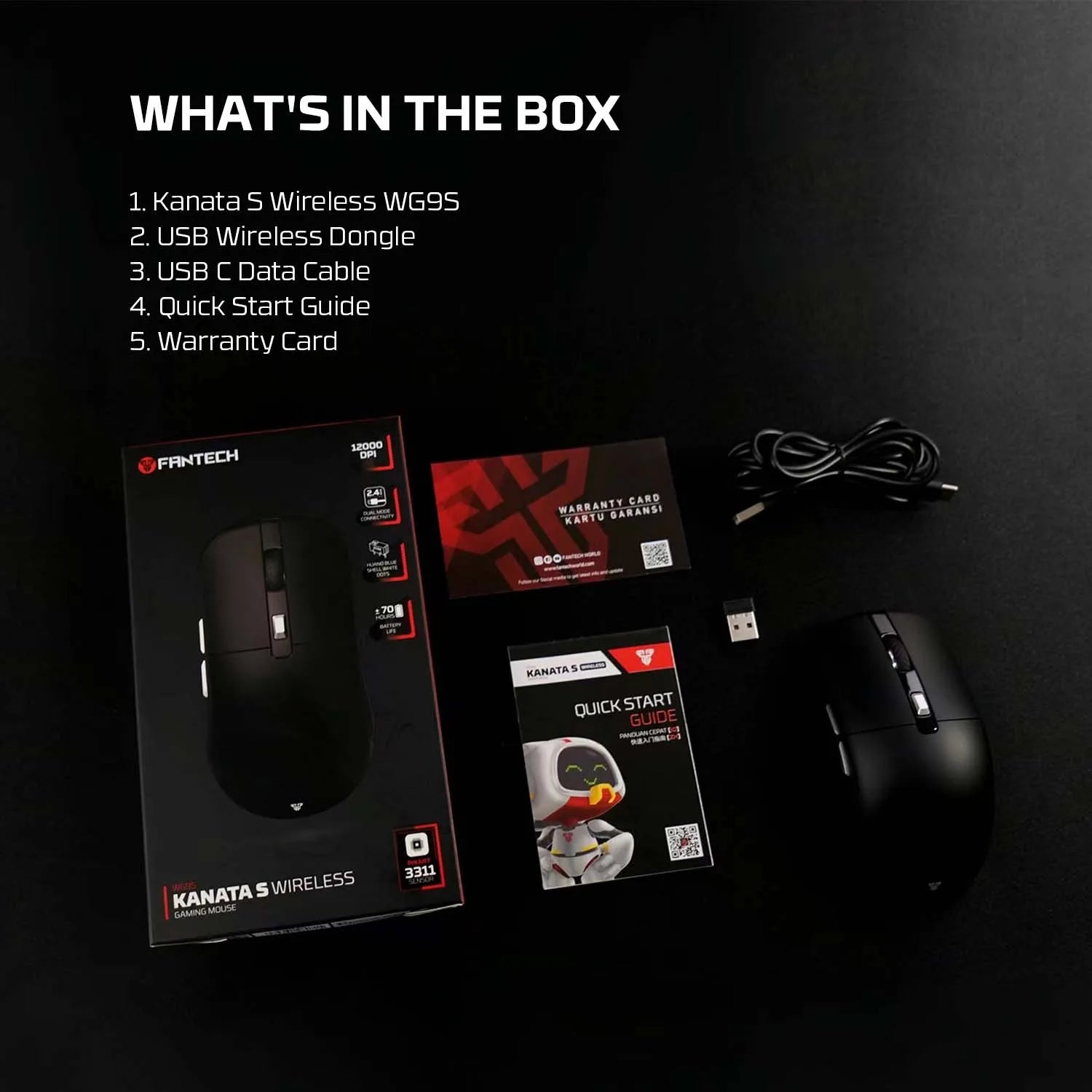 FANTECH Kanatas WG9S wireless gaming mouse with PIXART 3311 sensor, 12000 DPI, macro buttons, black ergonomic design.