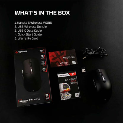 FANTECH Kanatas WG9S wireless gaming mouse with PIXART 3311 sensor, 12000 DPI, macro buttons, black ergonomic design.
