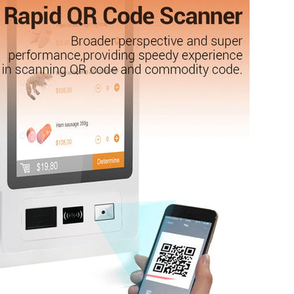 TouchWo 27-32 inch touchscreen self-service kiosk by R.E.D. Shopping, used for ticketing, payments, and ordering in retail settings.