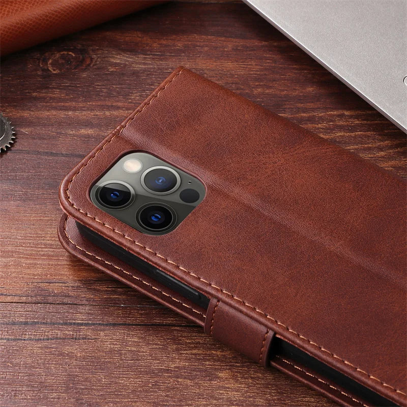 Leather iPhone 16 Plus zipper wallet case with card slots and magnetic stand, R.E.D. Shopping mobile phone accessory