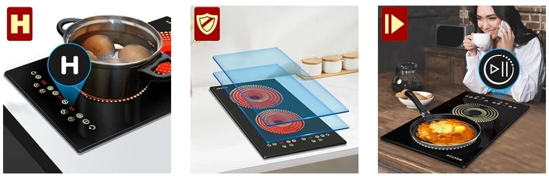 NOXTON 2-Zone Ceramic Hob – Plug-In, 99-Min Timer, Safety Lock, Countertop & Built-In, US 110V / EU-UK 220V