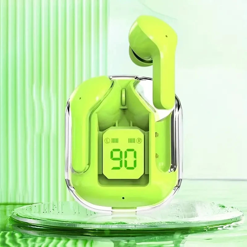R.E.D. Shopping T2 Wireless Bluetooth Earphones with transparent design, LED display, and 24-hour battery life.