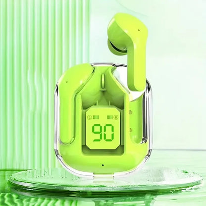 R.E.D. Shopping T2 Wireless Bluetooth Earphones with transparent design, LED display, and 24-hour battery life.