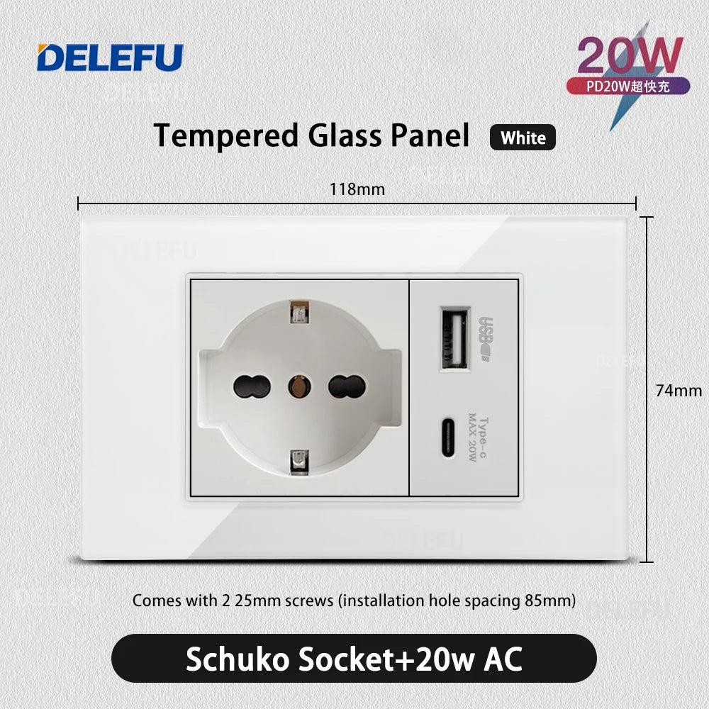 DELEFU Tempered Glass Wall Socket with USB-C Fast Charging – Schuko/Italy