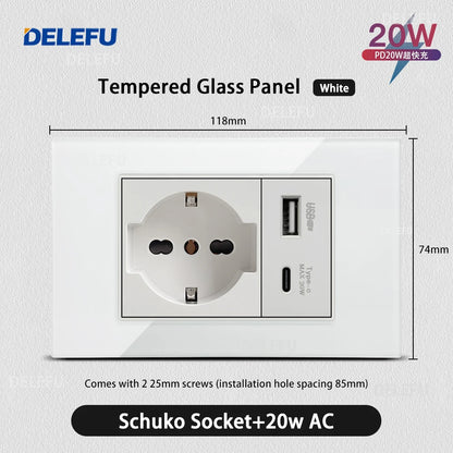 DELEFU Tempered Glass Wall Socket with USB-C Fast Charging – Schuko/Italy