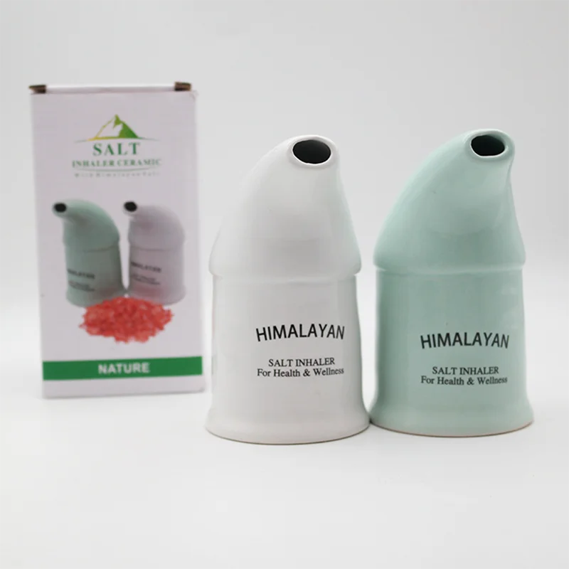 Ceramic Himalayan salt inhaler for natural respiratory health therapy, featuring a sleek design and compact size.